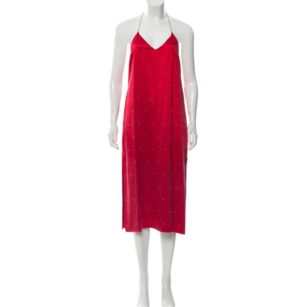 Red Amiri Silk Studded Calf Slip midi dress with chain straps. Barney’s tag incl